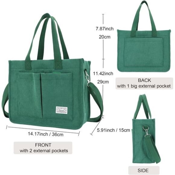 Tote Bag with Pockets, Green - Picture 2 of 4